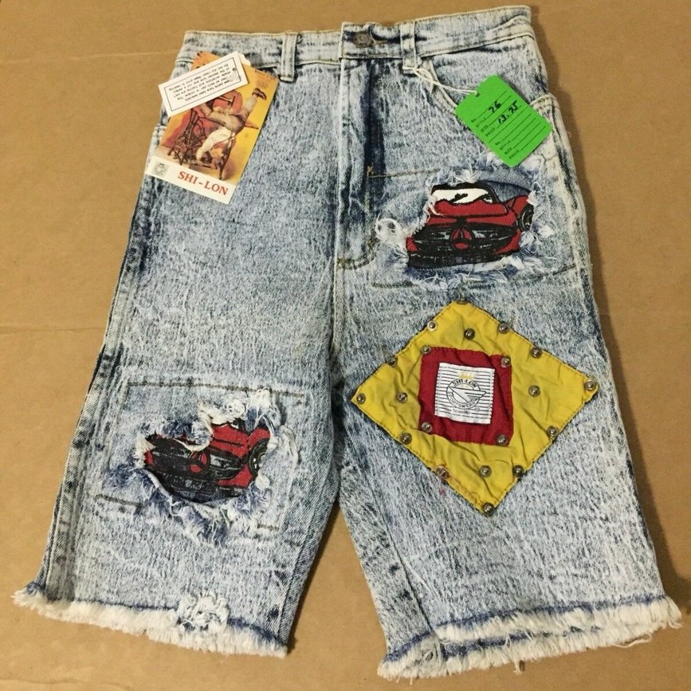 Shi-Lon Acid Wash deinim jeans shorts 80s deadstock nos patches vintage Mercedes